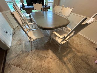 Vintage wooden gray table with 6 white chairs w/leaf