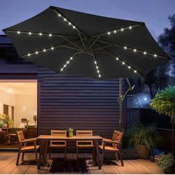 10ft Solar LED Patio Umbrella with Base Included, Offset Umbrella with Weighted Sandbag Base, Cantilever Patio Umbrellas for Backyard, Garden & Deck, 
