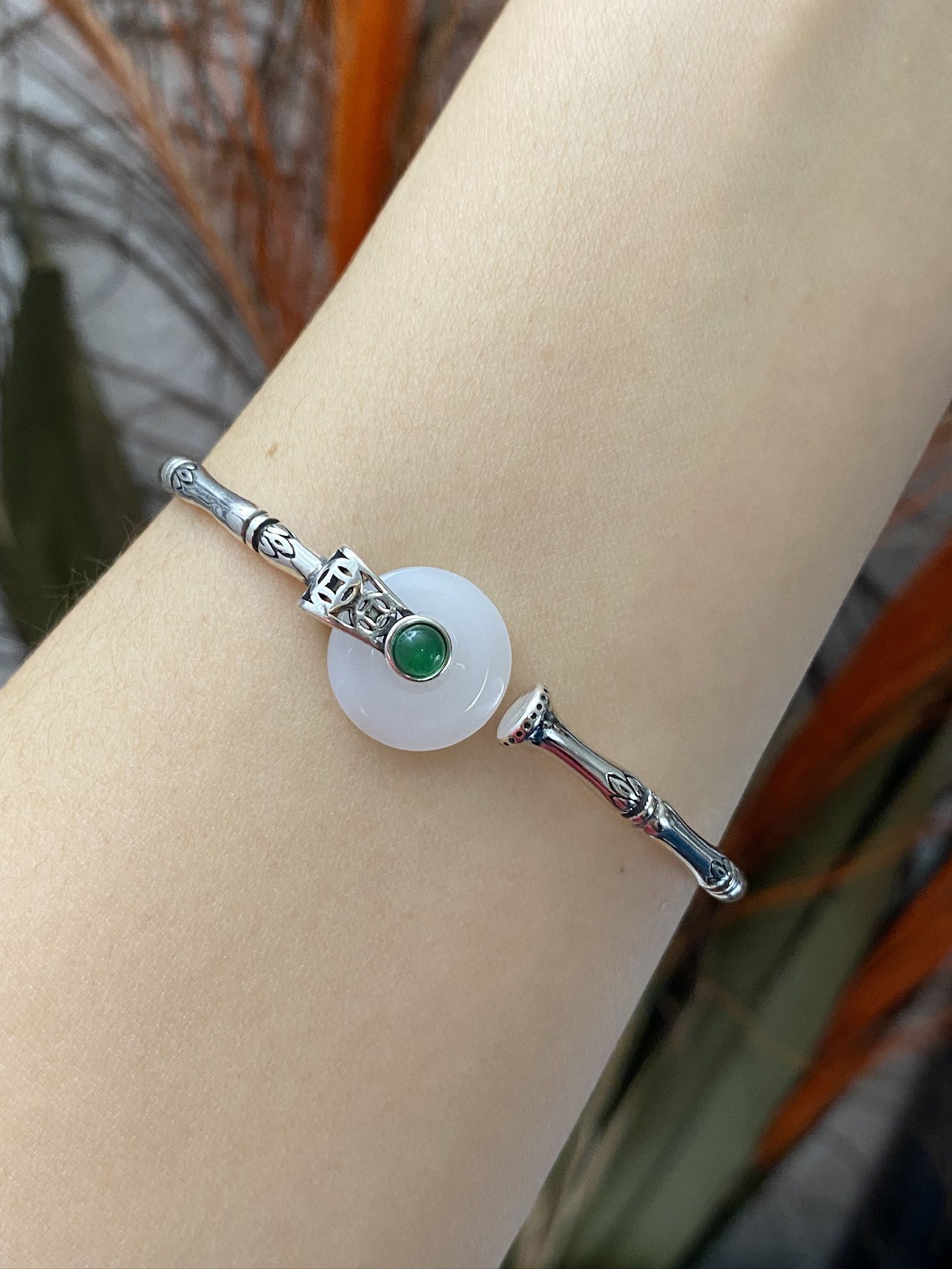 S925 silver Jade Bamboo Style cuff bangle bracelet