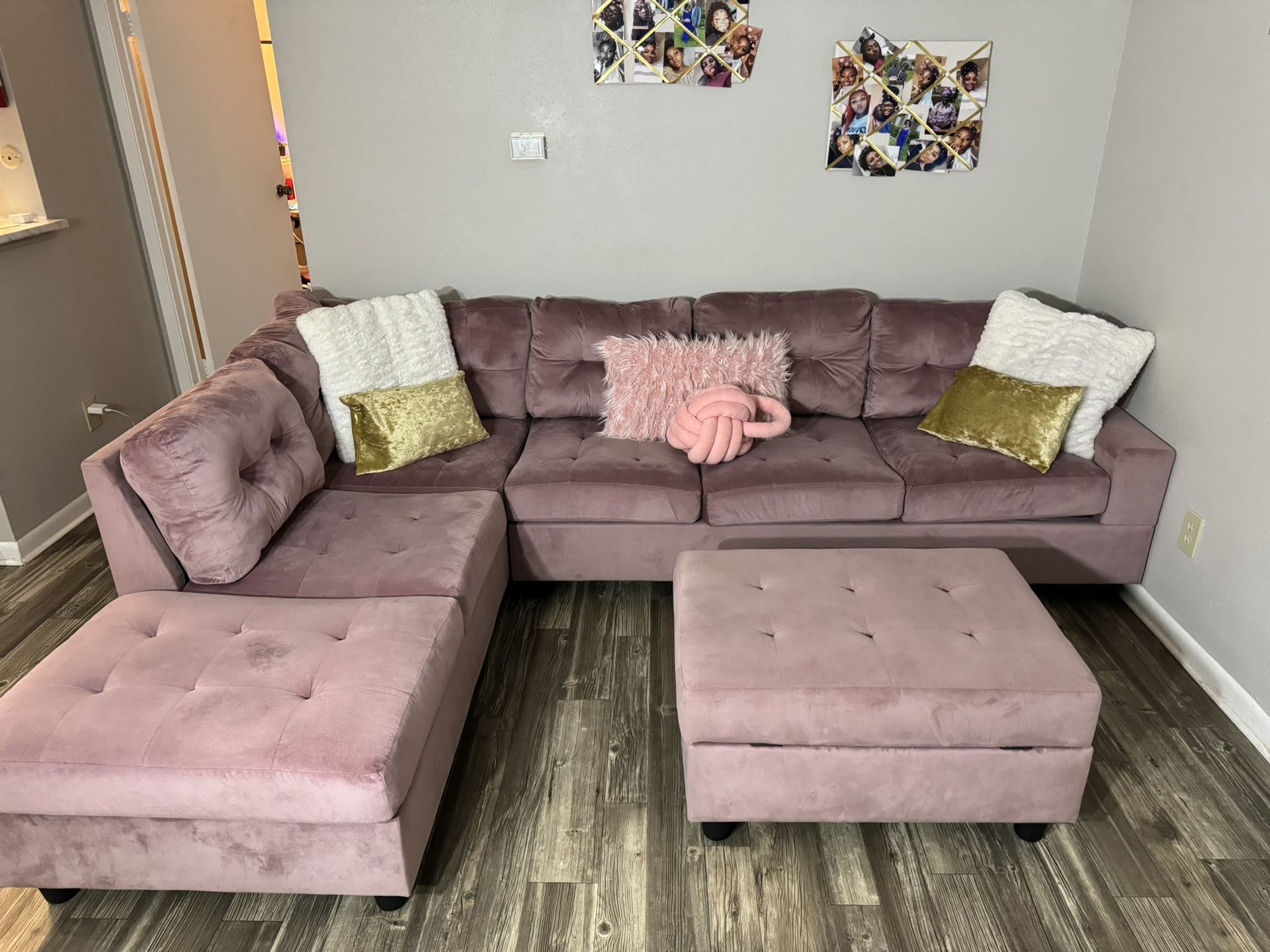 Pink Velvet Oversized Reversible (Left Or Right Chaise) Sectional Couch 