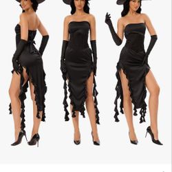 MISS FANTASY Witch Costume Women - Halloween Costumes Women Black Witch Dress Outfit with Witch Hat Gloves