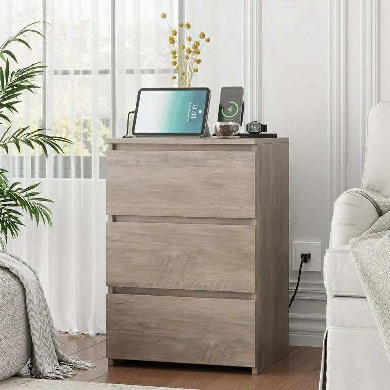 3 Drawers Nightstand with Charging Station, Side Table with Storage for Living Room, Bedside Nightstand for Bedroom, Wash Gray