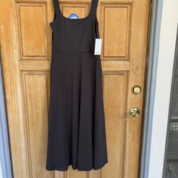 Quince Flowknit Breeze Fit and Flare Dress Black XS Sleeveless Stretch Midi