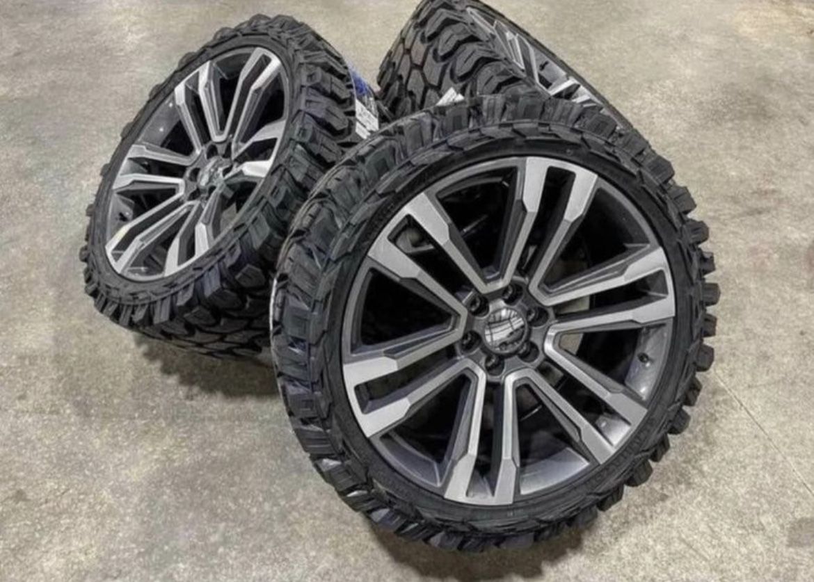 22” Chevy GMC Style Wheels Rims Gun Metal + 33x12.50x22 Mud Terrain Tires (4)-We Finance