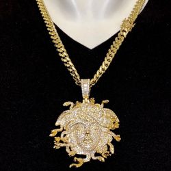 Men’s Stainless Steel  Miami Cuban Link Chain Necklace, 14K Gold 5X Layered Cuban Chain 20” To 26”, Medusa Pendant, CZ Diamonds, ICY Necklace Set