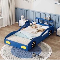 Wooden Race Car Bed,Car-Shaped Platform Twin Bed Frame for Boys Girls Kids Adults Toddler with Wheel