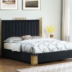 King Black Velvet Platform Bed 