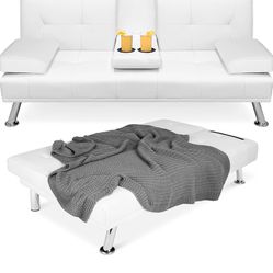Faux Leather Upholstered Modern Convertible Futon, Adjustable Folding Sofa Bed, Guest Bed w/Removable Armrests - White
