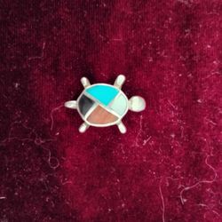 Navajo Sterling Silver Turtle Brooch Inlaid with Turquoise, Red Coral, Onyx+