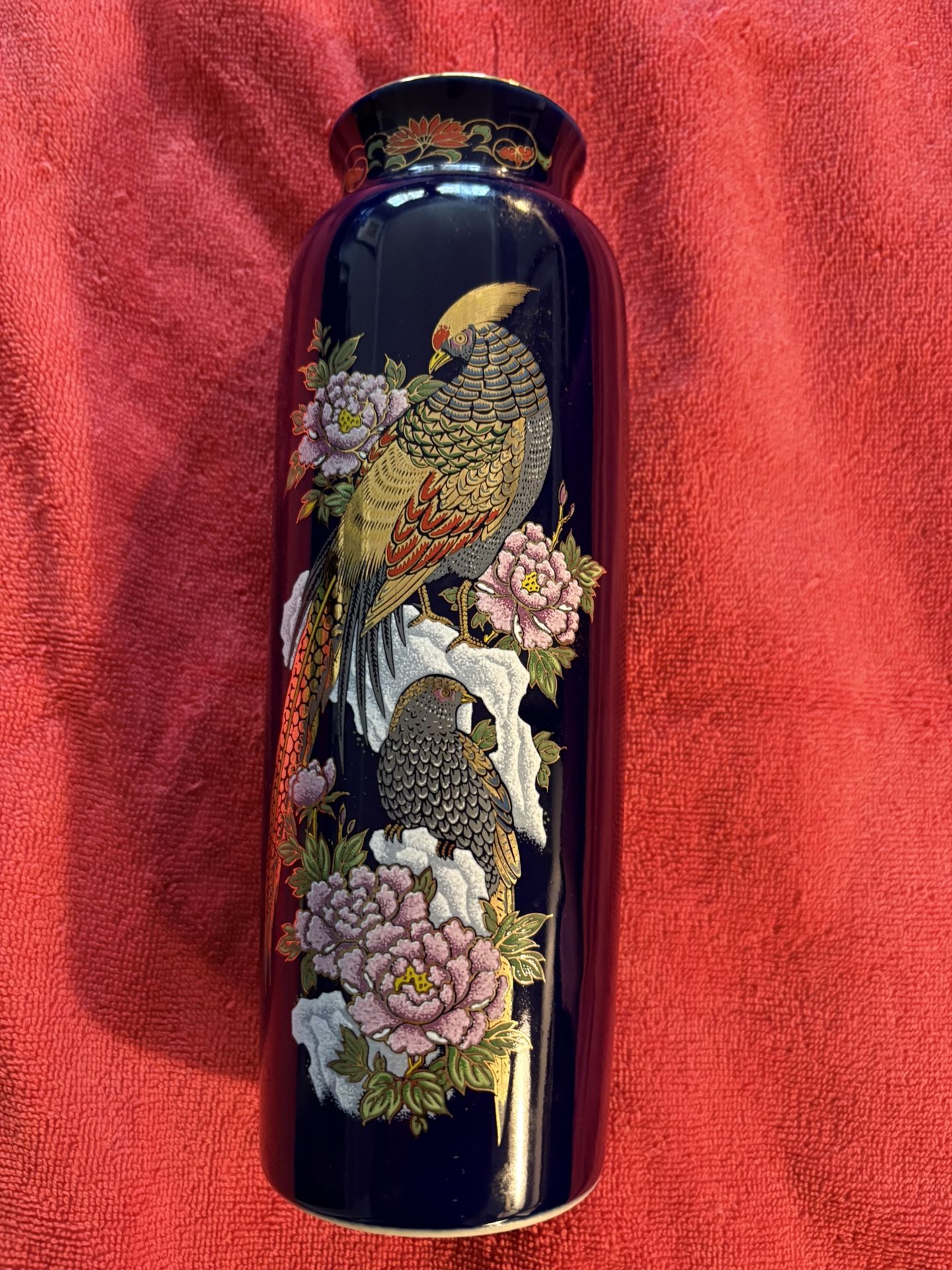Vintage Blue Vase Japan Kutani Birds Floral Unused