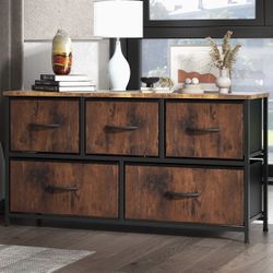 NEW Dresser, 5 Fabric Drawers Dresser, Cabinet Storage Organizers & Wood Top Surface !