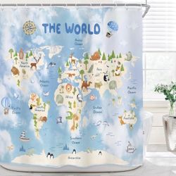  Home World Map Kids Animal Shower Curtain Sets for Bathroom Accessories, Early Educational Geography Backdrop Curtain Room Decor, No Liner Needed Was