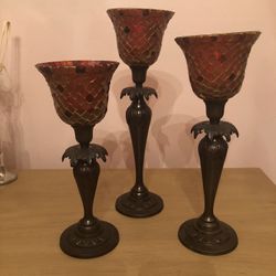 VTG SET OF 3 TEALIGHT CANDLE GLASS MOSAIC STANDS/ HOLDERS ARE METAL