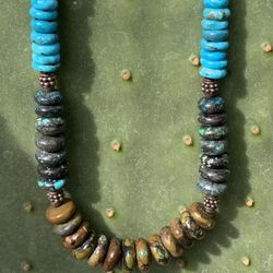 Stunning Vintage Artisan Graduated Multi Turquoise & Sterling Necklace