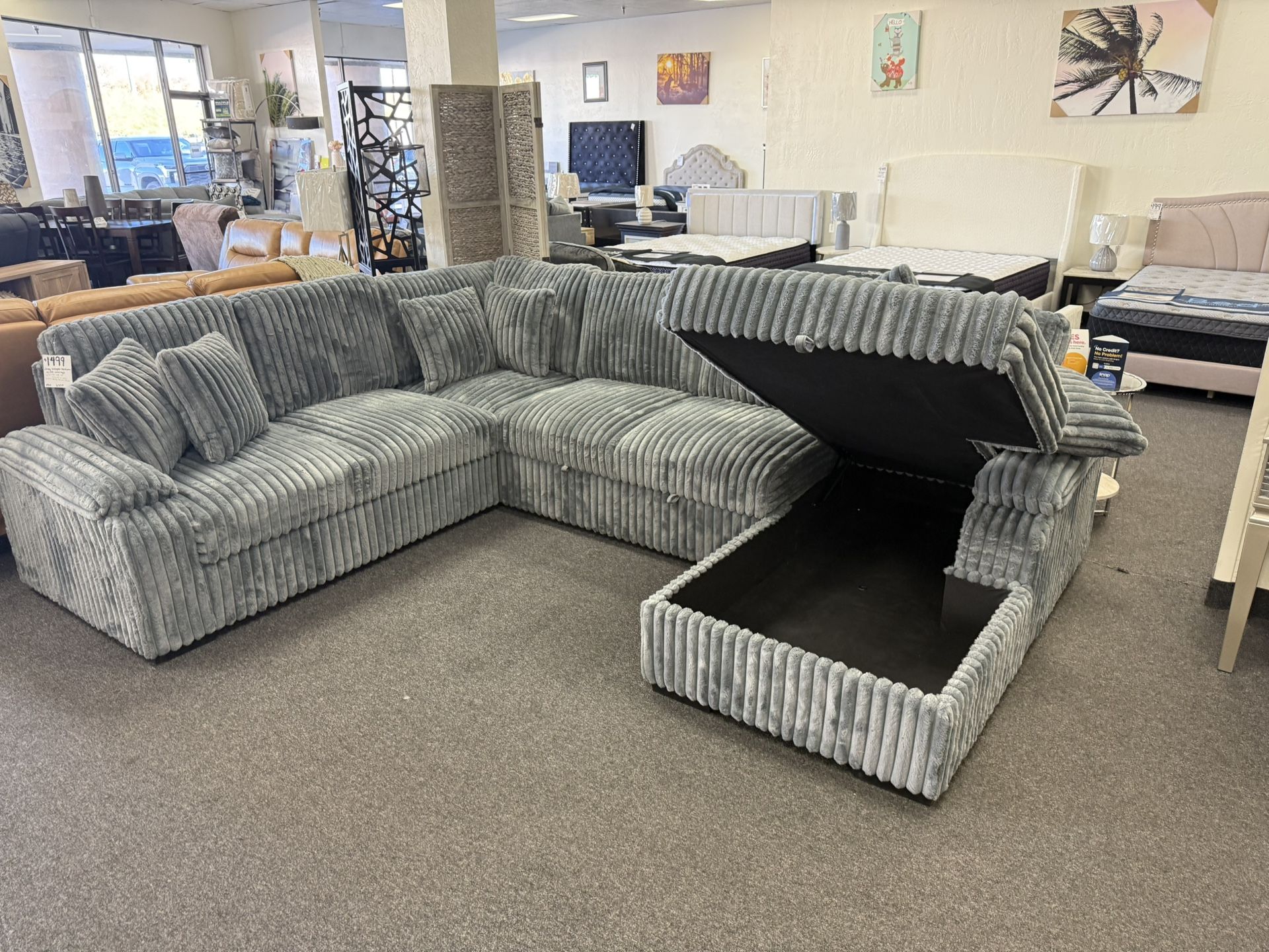 Grey Corduroy Sleeper Sofa Sectional With Bed And Storage