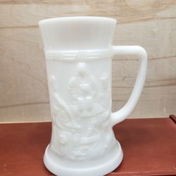 White Fenton Milk Glass Mug Beer Stein Handle Tavern Scene