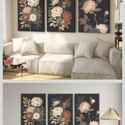 Wall Art Floral Prints Set of 3 Vintage Botanical Wall Decor for Living Room Bedroom Office Art Prints 12x16 Inches Wood Framed Easy to Hang
