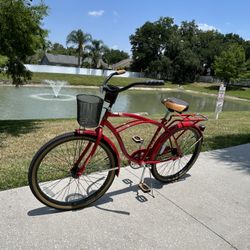 26" Men's Red Single Speed Beach Cruiser Bicycle w/Basket Expandable Rear Rack & Cup Holder LIKE NEW