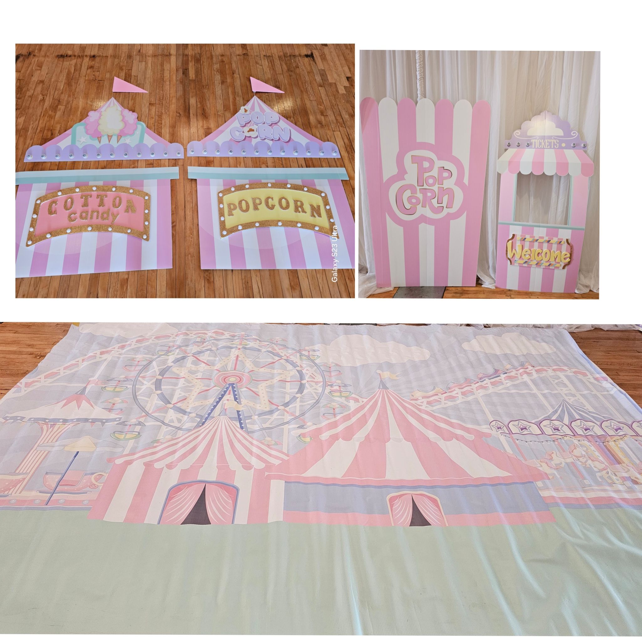 Circus Themed Backdrop, Life size Popcorn And Concession Stand 