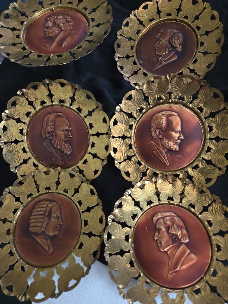 Vtg Brass/ Copper Set Wall Plate Set of 6 Influential Classical Composers