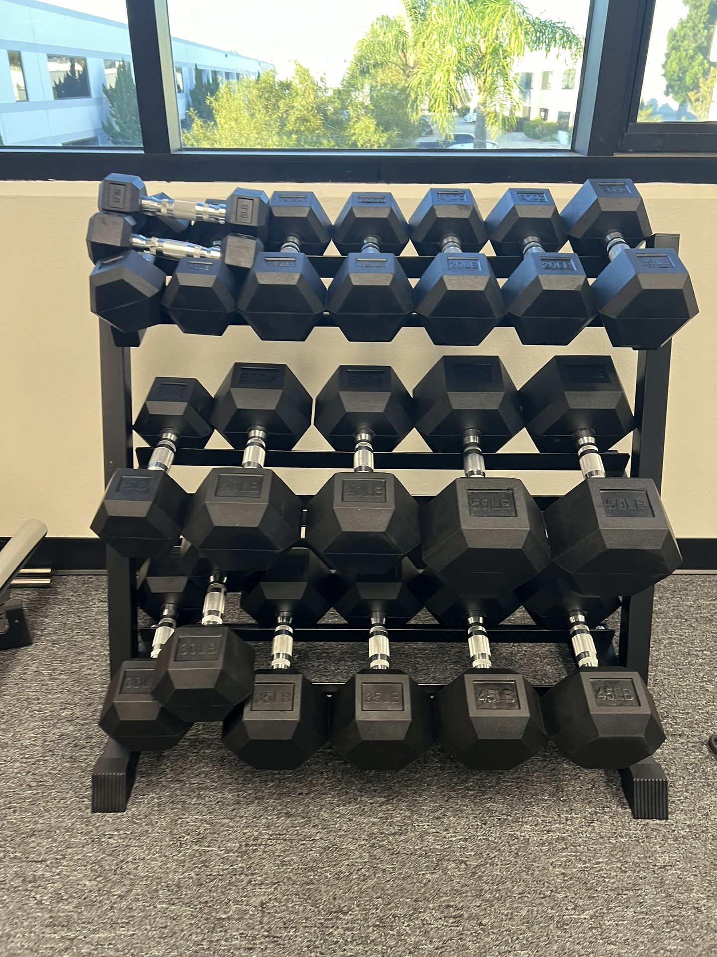(New In Box) 5-50lb Rubber Hex Dumbbells With 3 Tier Dumbbell Rack Weights - Click On Out Profile For More Gym Equipment