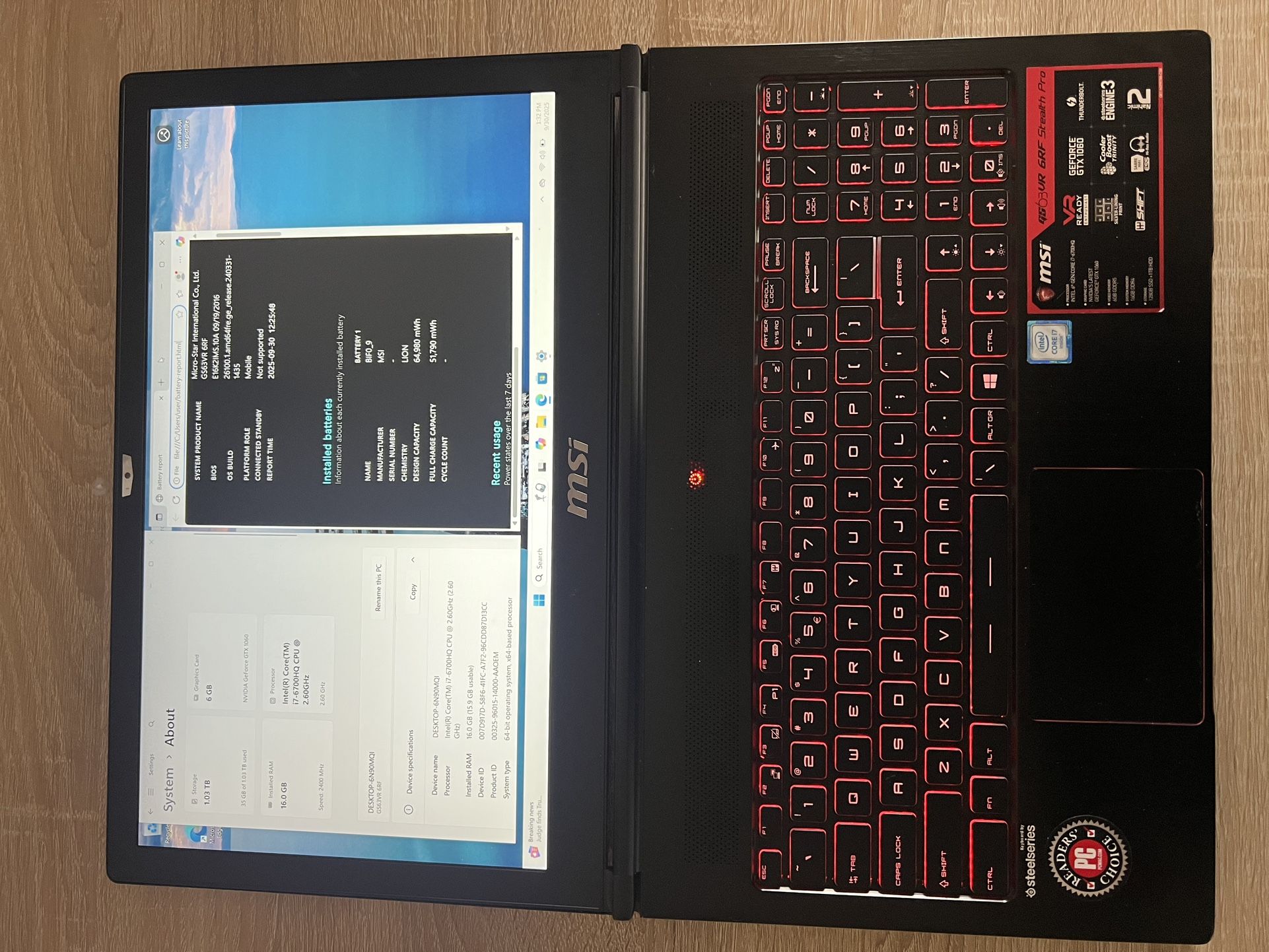 MSI GS63VR 6RF Stealth Pro – i7 | GTX 1060 6GB | 16GB RAM | 1TB SSD
