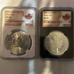 Two individual MS 69 black and white core maple leafs