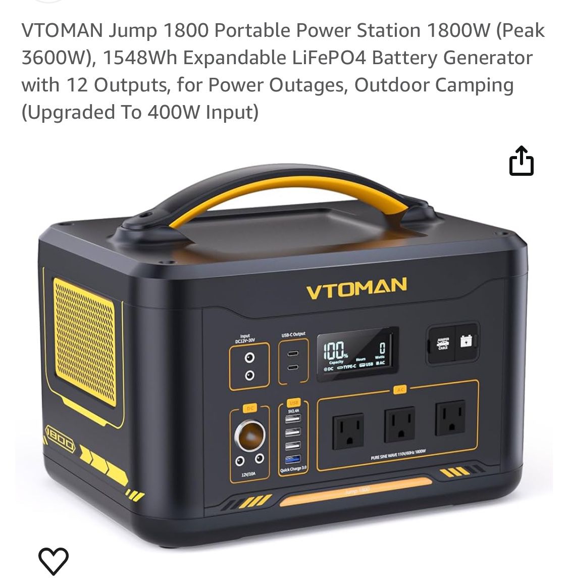 REDUCED PRICE! NRAND NEW!  Power Gnerator: VTOMAN Jump 1800 Portable Power Stationary 