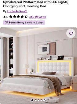 White Faux Leather Floating Bed Frame with LED Lights & Charging Ports
