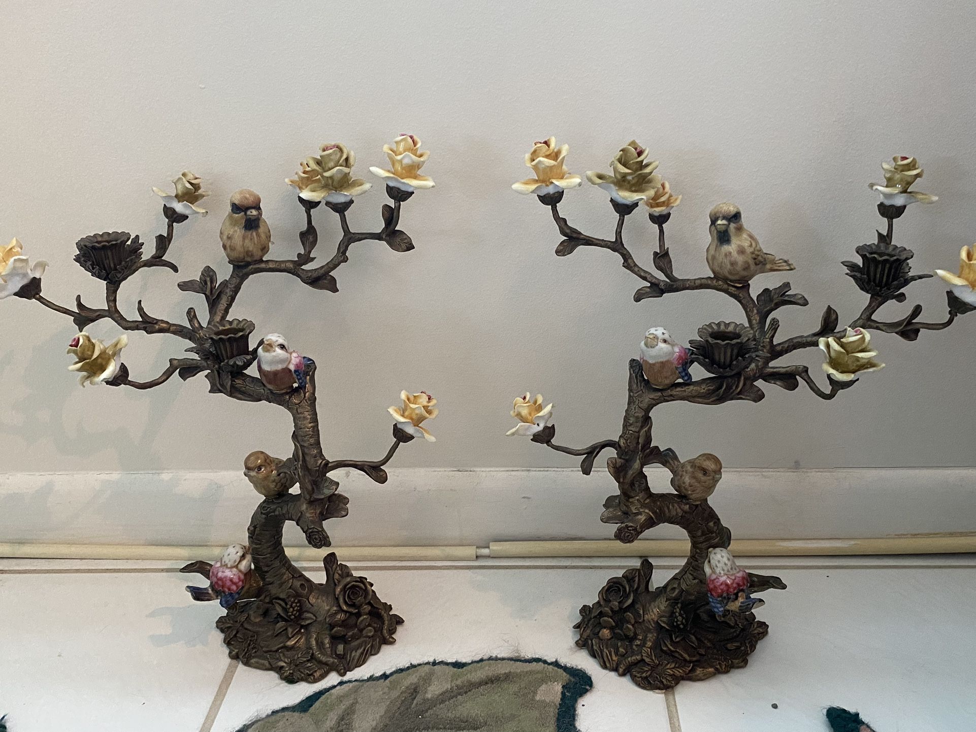 Vintage Bronze Candelabra Set Ceramic Birds