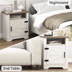 Farmhouse Nightstand Set of 2 , Rustic Beside Table with Barn Door and Open Shelf for Living Room Bedroom Office , White/Oak