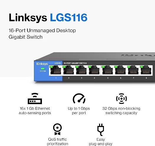 Linksys LGS116 16 Port Gigabit Network Switch NEW