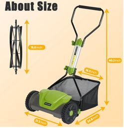 16inch Push Reel Lawn Mower 5 Blades 6 Adjustable Cutting Height Manual Reel Mower with 8-gal Grass Catcher for Garden/Yard Green