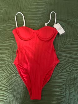 New Red Rinbed one piece Bathing Suit