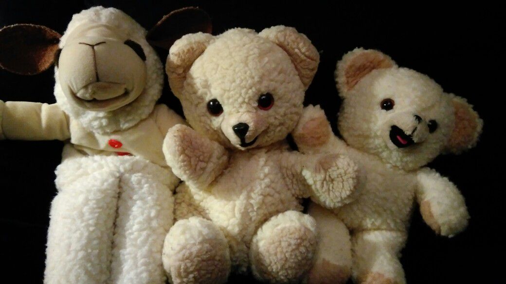 Lambchop and Snuggle Bear puppets with Snuggle Bear stuffed animal