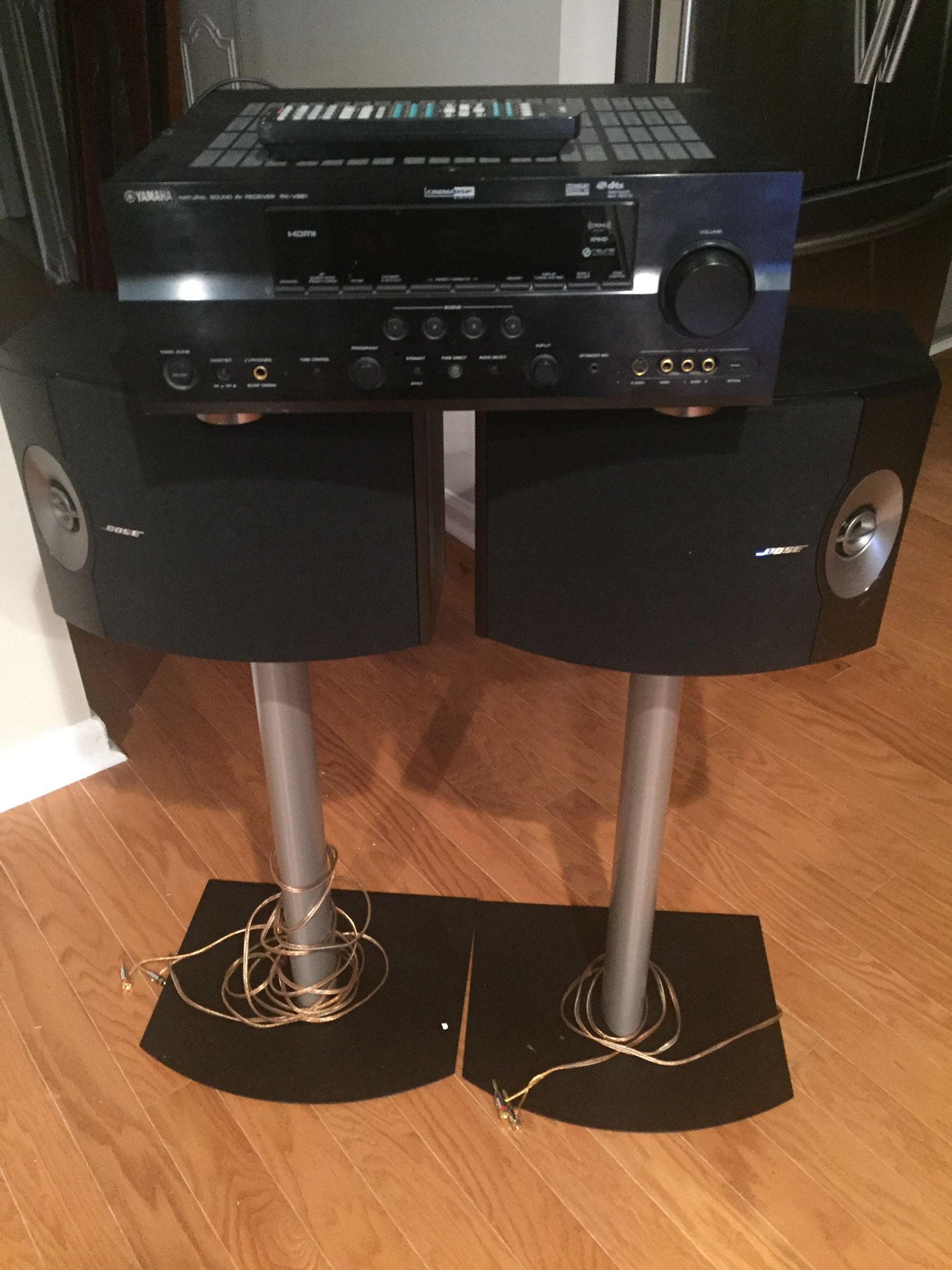 Bose 301 Speakers, Yamaha Receiver, Speakers stands, and speaker wire/connectors