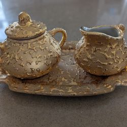 "Weeping Gold" MCM Cream And Sugar Set With Tray And Bud Vase