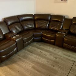 Brown Leather Sectional Sofa With Power Reclining Seats