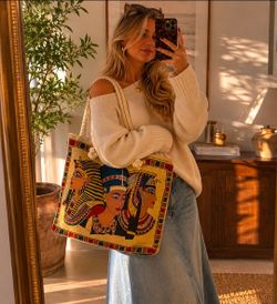 Egyptian Tapestry Tote Bag Cleopatra Pharaoh Art Purse Boho