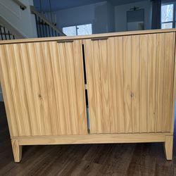 “Thousand Oaks Wood scalloped 2 door cabinet natural wood Threshold designed with Studio McGee