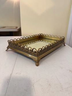 Vintage Gold-Tone Mirrored Vanity Tray – Hollywood Regency Style