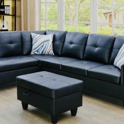 Black Faux Leather Sectional w/Chaise & Storage Ottoman