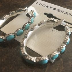 Lucky Brand Silvertone Faux Turquoise Hoop Earrings - NEW