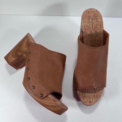 Kork-Ease Danika Brown Leather Studded Slip On Wooden Heel Platform Clog Size 11