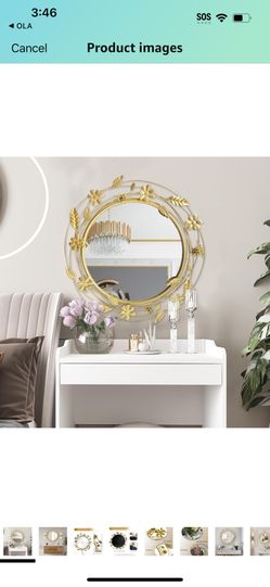 Round Mirror Decorative for Dining Room, Gold Circle Mirrors for Wall Decor with Metal Leaves Flower, Modern Accent Mirrors for Living Room, Entrance 