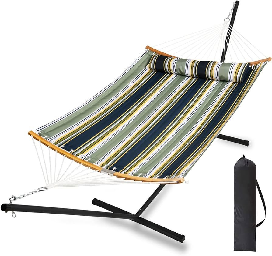 Outdoor Hammock with Stand, Heavy Duty 2-Person Hammock with Curved Bamboo Poles, Detachable Pillow, Blue and Aqua