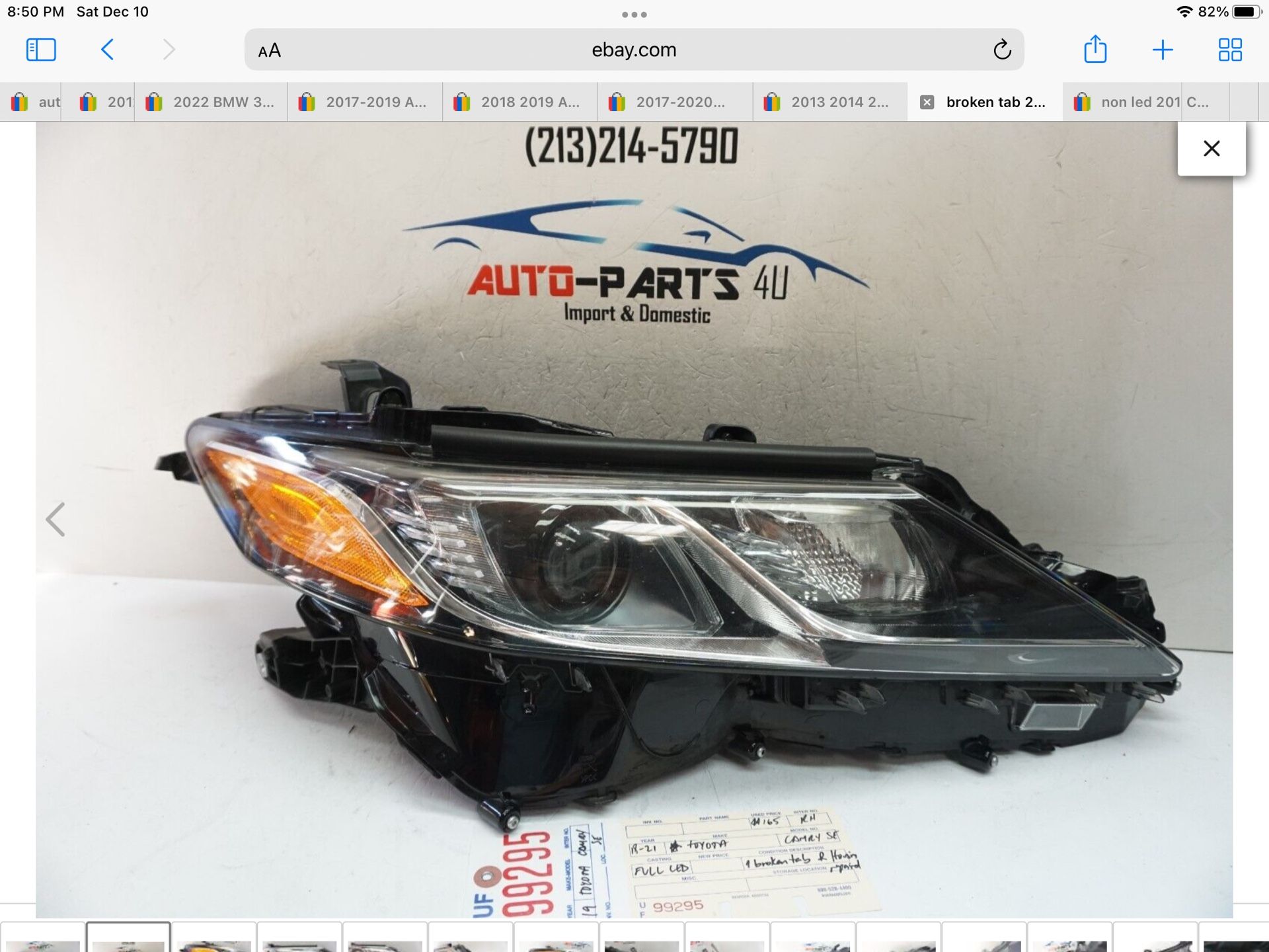 1 broken tab 2018-2020 TOYOTA CAMRY SE LE RIGHT LED HEADLIGHT 2019 OEM UF99295