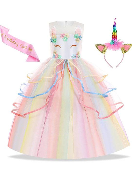 Brand NEW Unicorn Dress for Girls Unicorn Costume with Headband & Satin Sash for Birthday Party Size 6-7

