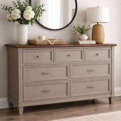 Bassett 7 drawer dresser refinished in tony taupe and natural wood stain on top.