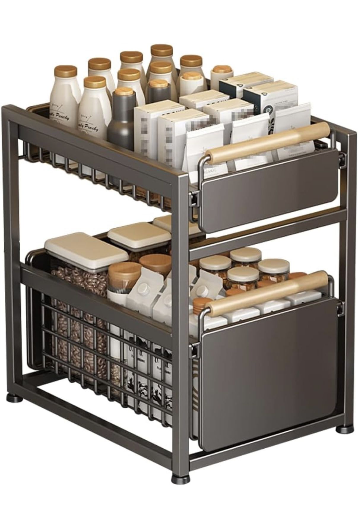 Tier Pull-out Storage Organizer, Slide Out Kitchen Cabinet Storage Sliding Shelves, Under Sink Organizers Drawer, Mesh Cabinet Basket with Handle for